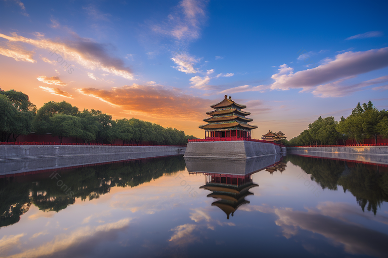 晚霞天空阳光白云古建筑物围墙绿植,高清,摄影图,摄影图片,图片大全,摄影图免费下载